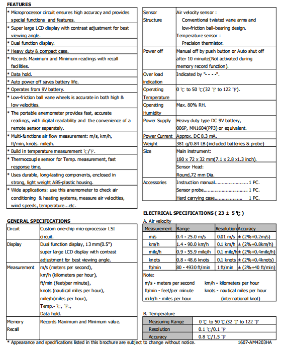 ANEMOMETER Model : AM-4203HA 風速儀 – 運揚有限公司