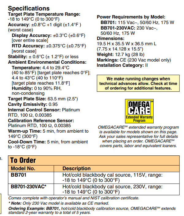 Omega BB701Hot/Cold Blackbody Calibration Source熱/冷黑體校準源（黑體爐） 運揚有限公司